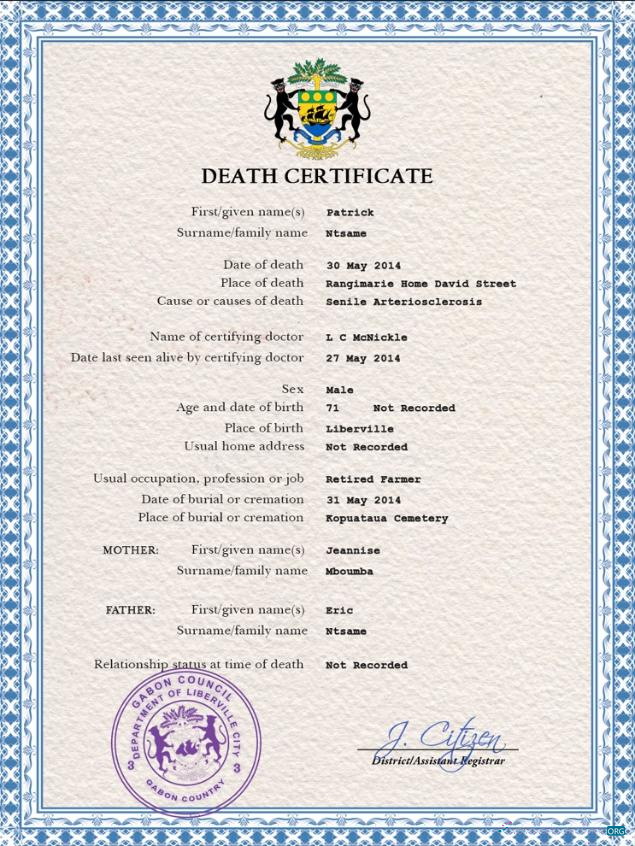 Download Gabon vital record death certificate PSD template Photoshop template